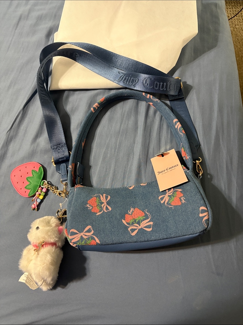Juicy Couture Blue Denim Strawberry Bow Mini Shoulder Bag with Charms nwt nice - Picture 2 of 16
